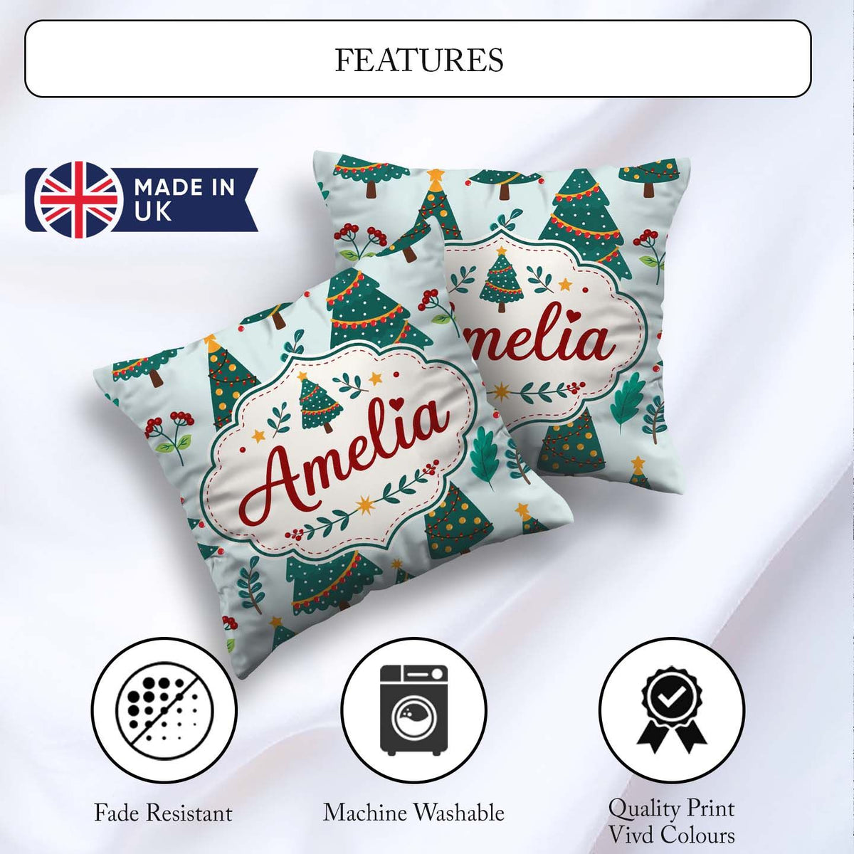 Custom Name Decorated Christmas Berries Foliage Seamless Pattern Square Filled Cushion Throw Pillow Sofa Bed Home Decor Zip Washable UK Made
