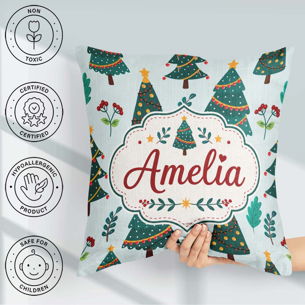 Custom Name Decorated Christmas Berries Foliage Seamless Pattern Square Filled Cushion Throw Pillow Sofa Bed Home Decor Zip Washable UK Made