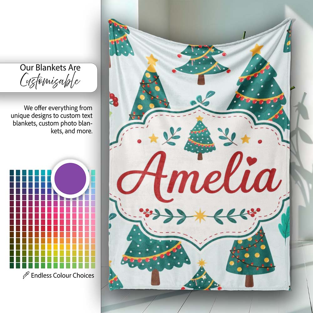 Decorated Christmas Trees Berries Winter Foliage Seamless Pattern Personalised Custom Name Super Soft Fleece Blanket Bed Sofa Throw