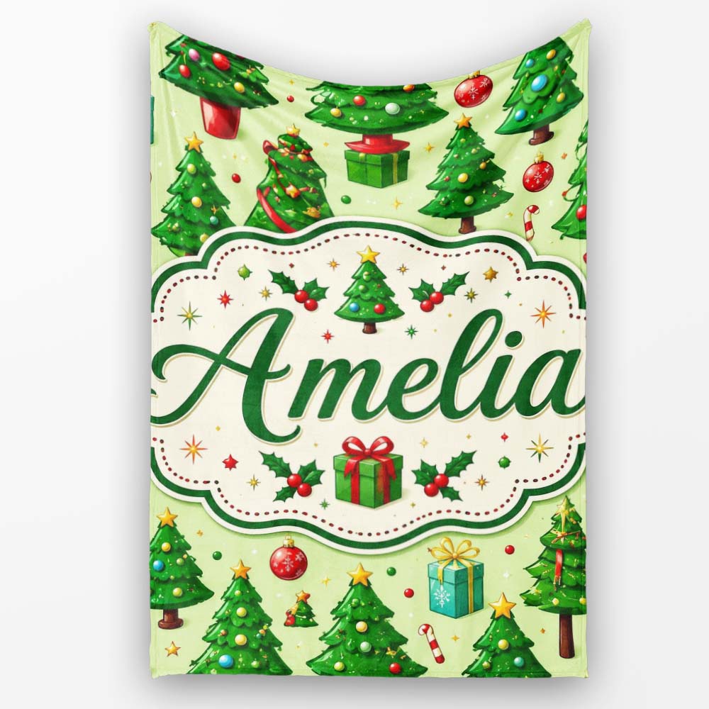 Whimsical Christmas Trees Gifts Ornaments Festive Seamless Pattern Personalised Custom Name Super Soft Fleece Blanket Bed Sofa Throw