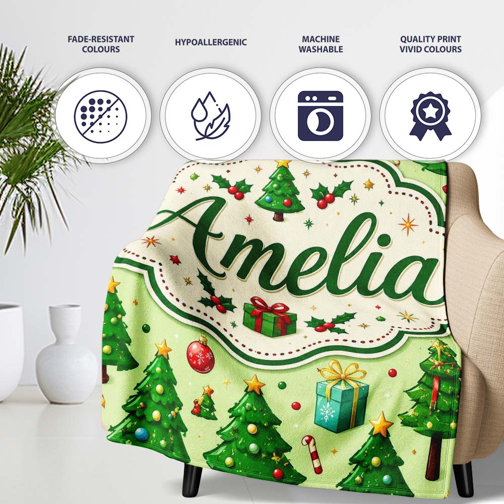 Whimsical Christmas Trees Gifts Ornaments Festive Seamless Pattern Personalised Custom Name Super Soft Fleece Blanket Bed Sofa Throw