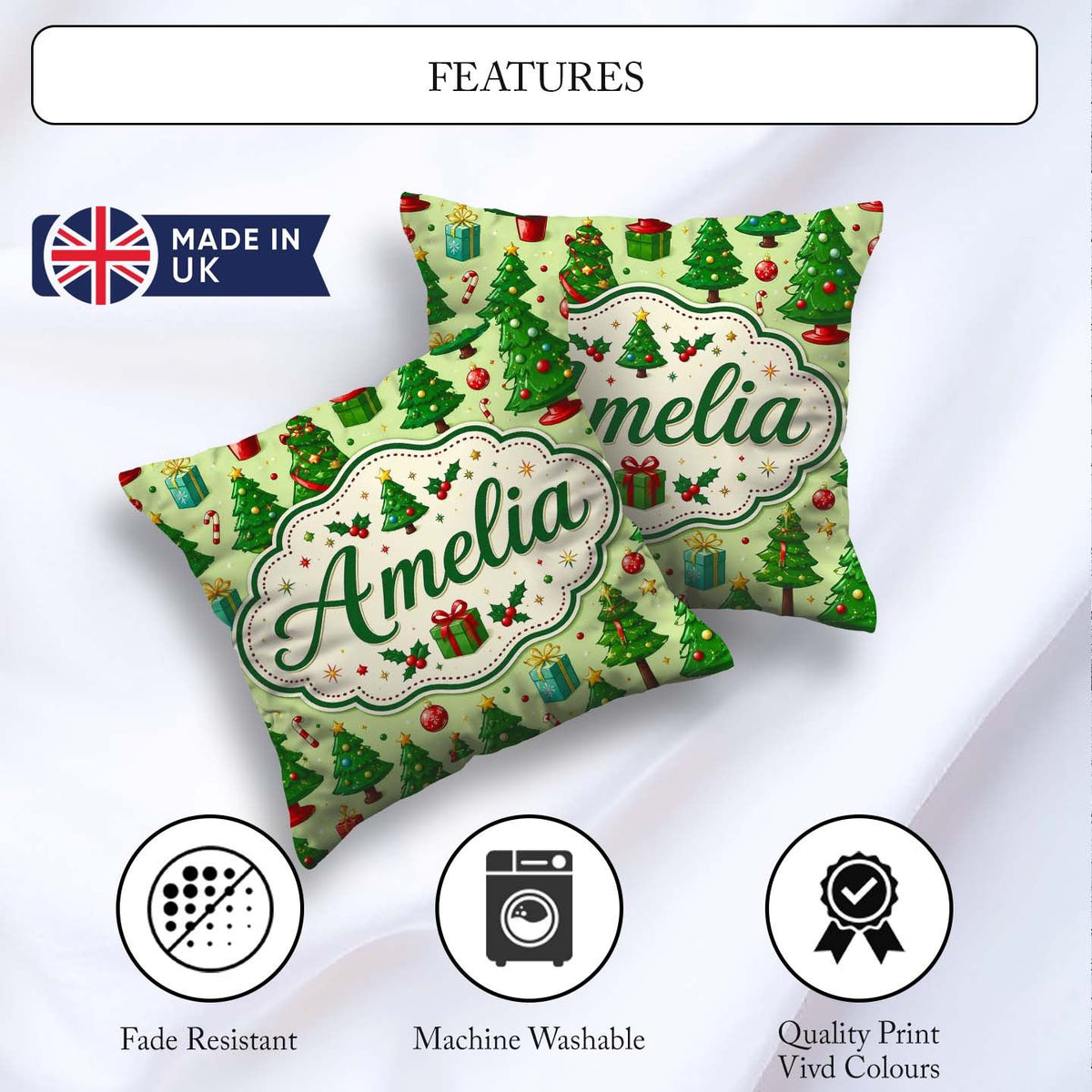 Custom Name Whimsical Christmas Trees Ornaments Festive Seamless Square Filled Cushion Throw Pillow Sofa Bed Home Decor Zip Washable UK Made