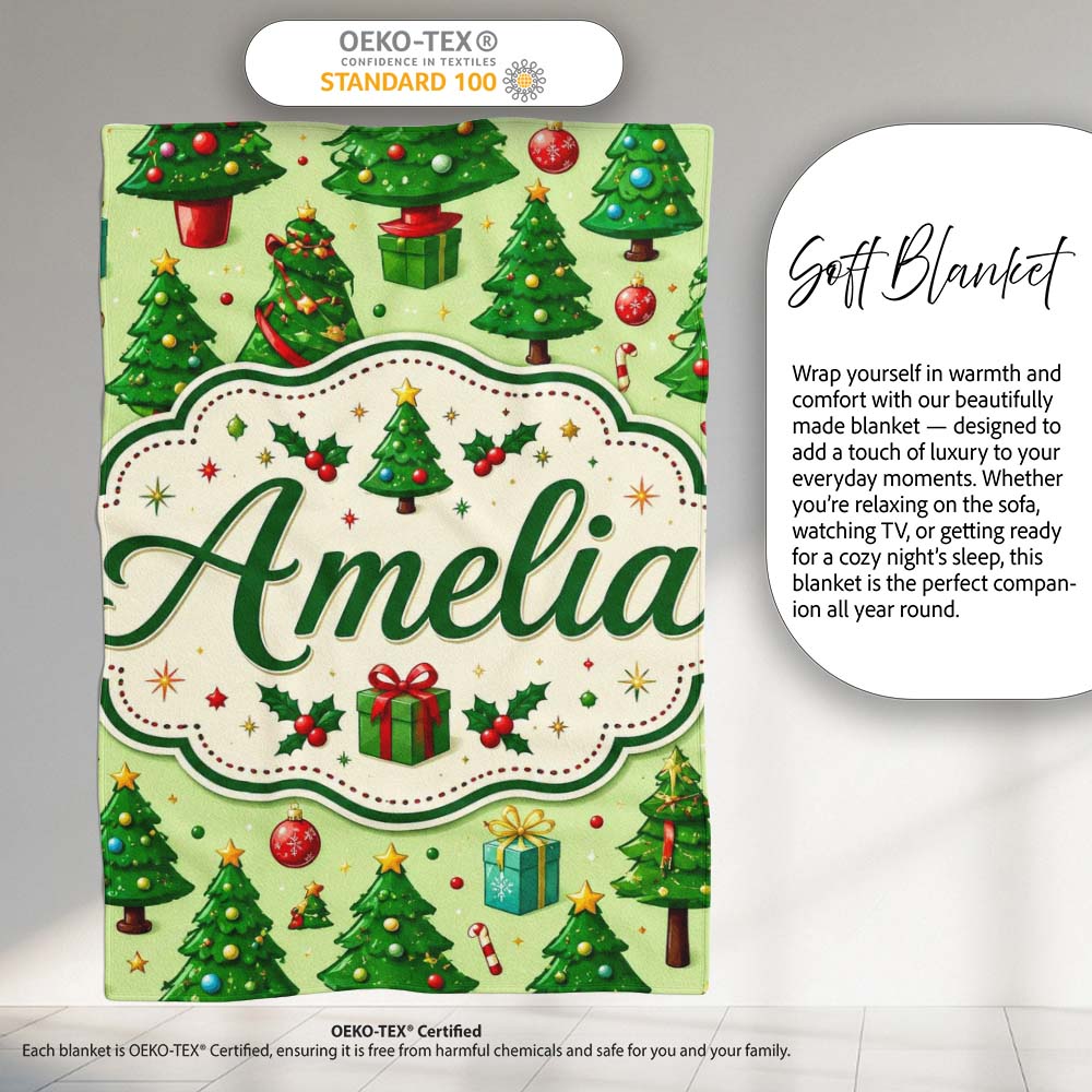 Whimsical Christmas Trees Gifts Ornaments Festive Seamless Pattern Personalised Custom Name Super Soft Fleece Blanket Bed Sofa Throw