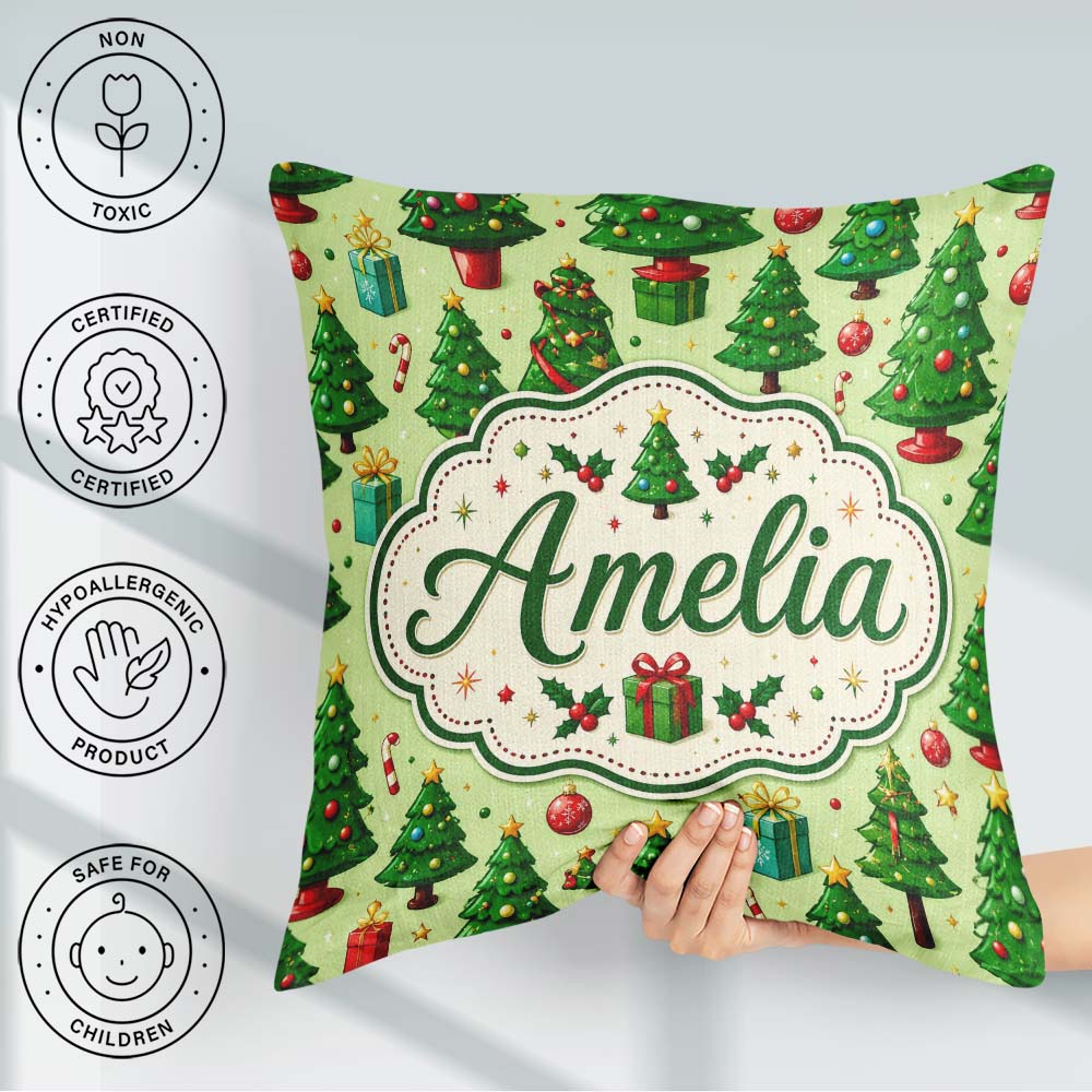 Custom Name Whimsical Christmas Trees Ornaments Festive Seamless Square Filled Cushion Throw Pillow Sofa Bed Home Decor Zip Washable UK Made