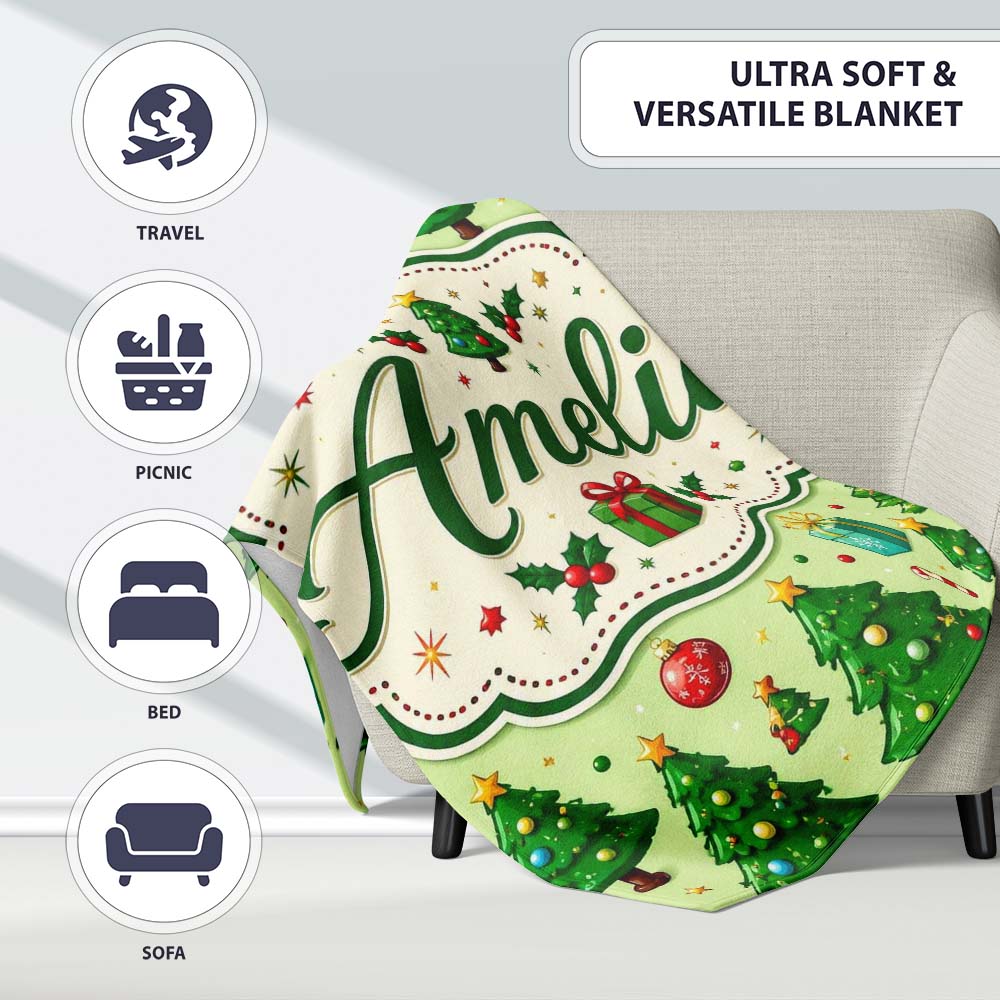 Whimsical Christmas Trees Gifts Ornaments Festive Seamless Pattern Personalised Custom Name Super Soft Fleece Blanket Bed Sofa Throw