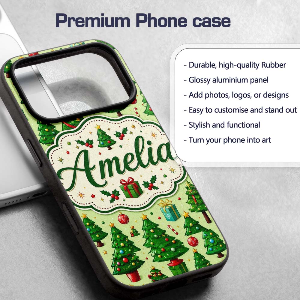 Whimsical Christmas Trees Gifts Ornaments Festive Custom Name Protective Phone Case Mobile Cover Durable Everyday Smartphone Shock Resistant