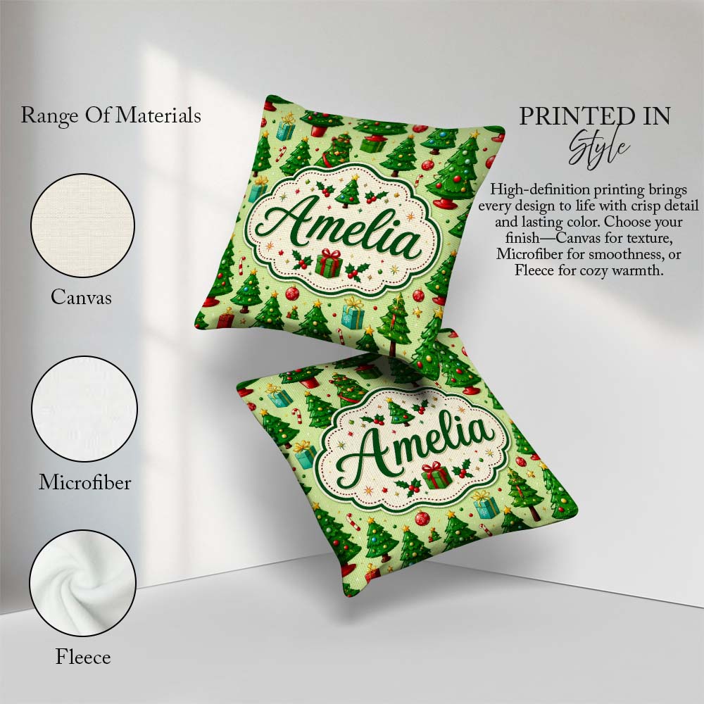 Custom Name Whimsical Christmas Trees Ornaments Festive Seamless Square Filled Cushion Throw Pillow Sofa Bed Home Decor Zip Washable UK Made