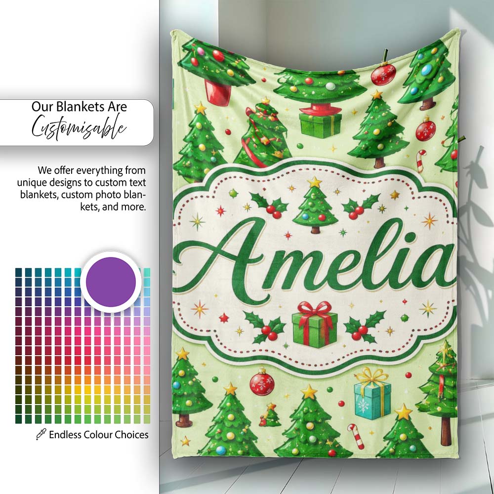 Whimsical Christmas Trees Gifts Ornaments Festive Seamless Pattern Personalised Custom Name Super Soft Fleece Blanket Bed Sofa Throw