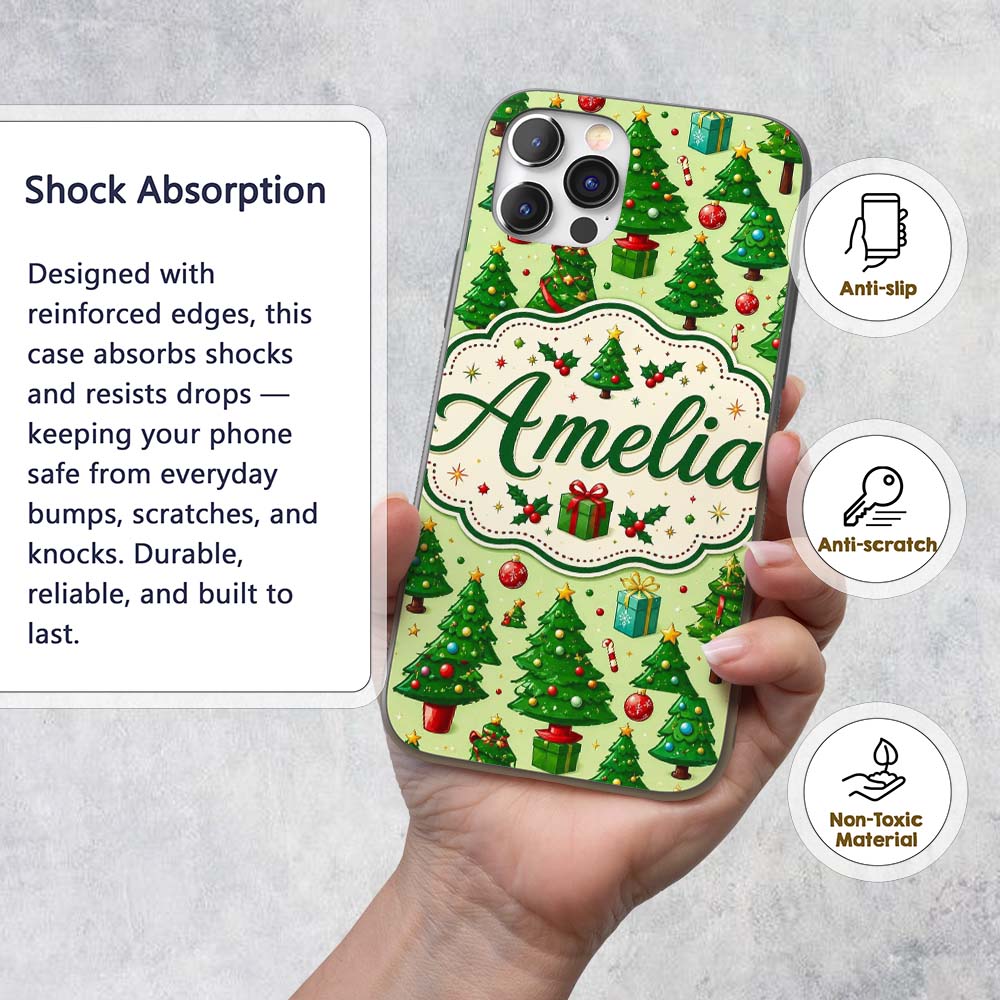 Whimsical Christmas Trees Gifts Ornaments Festive Custom Name Protective Phone Case Mobile Cover Durable Everyday Smartphone Shock Resistant