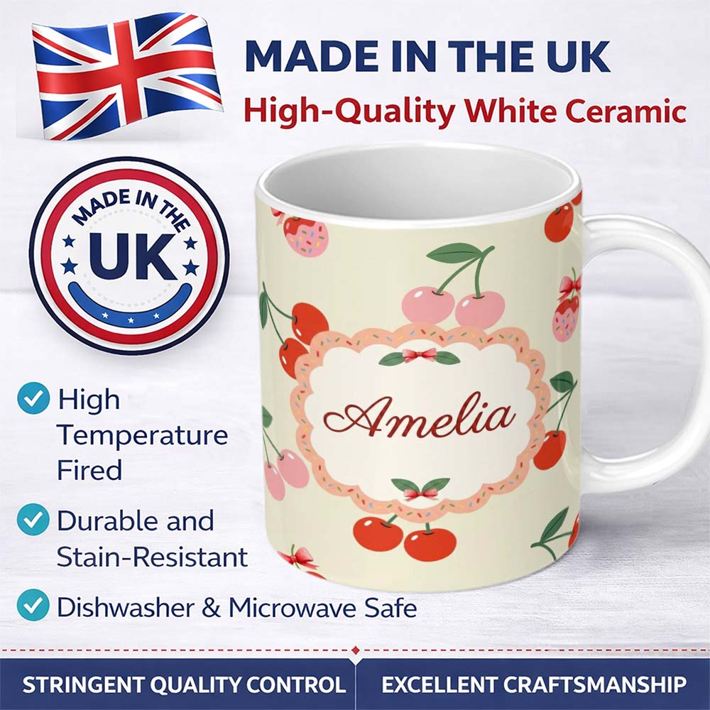 Personalized Custom Name Cute Cherry Fruit with Bow and Sprinkles Pattern Light Olive Lovely 11oz Ceramic Coffee Tea Mug White Large Handle