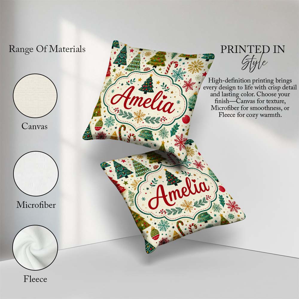 Custom Name Style Christmas Trees Snowflakes Candy Cane Seamless Square Filled Cushion Throw Pillow Sofa Bed Home Decor Zip Washable UK Made