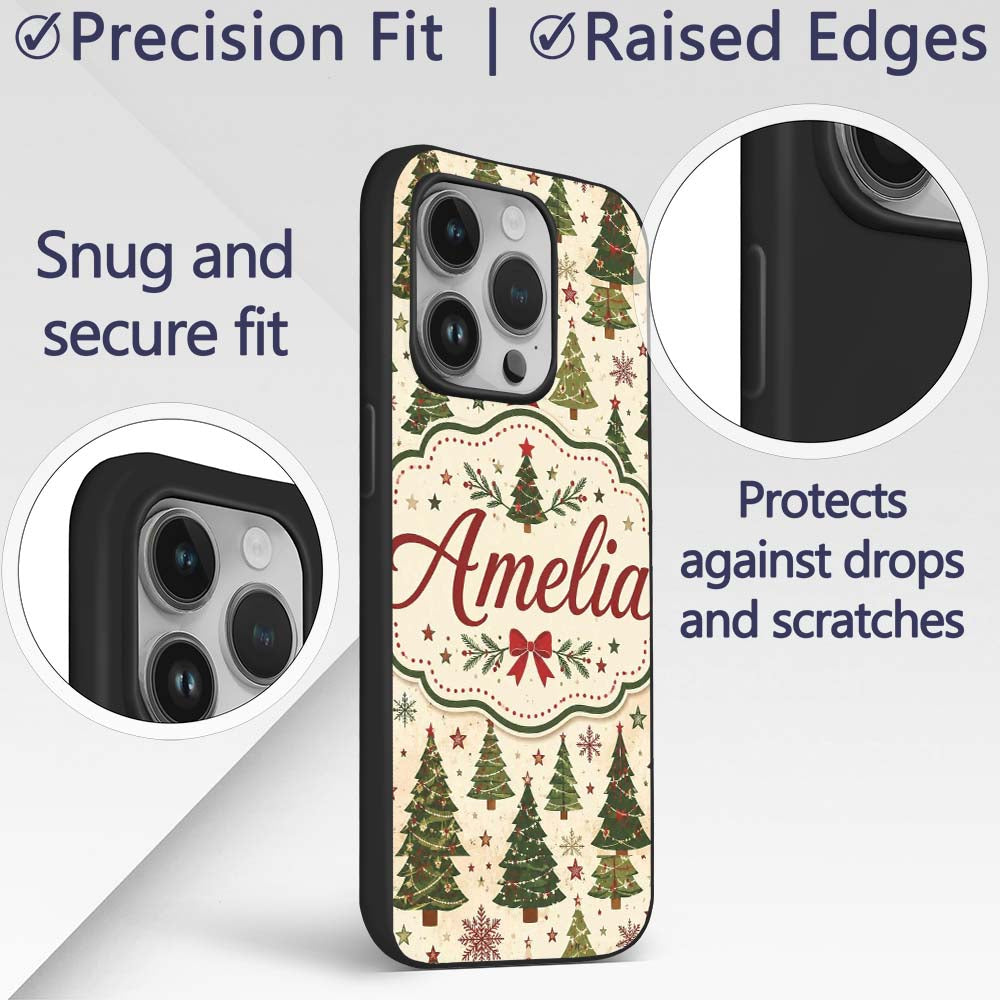 Rustic Christmas Trees Stars Decorative Design Custom Name Protective Phone Case Mobile Cover Durable Everyday Smartphone Shock Resistant