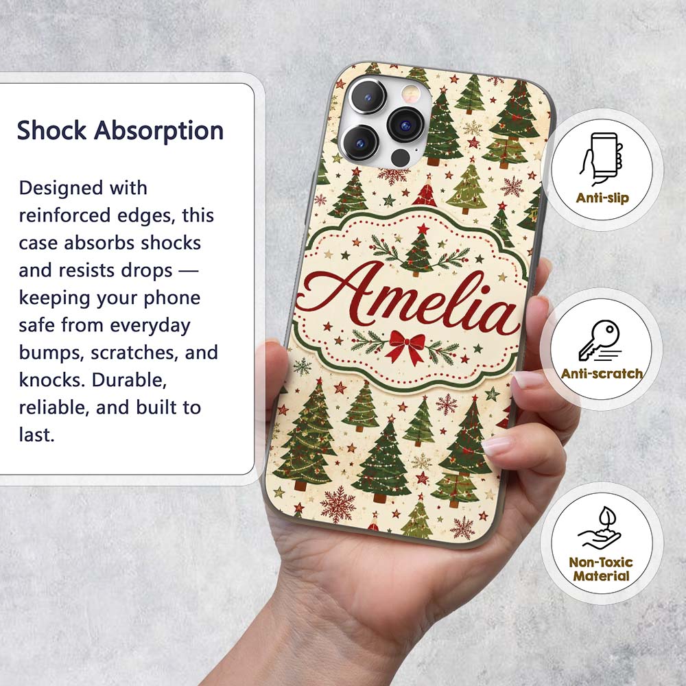 Rustic Christmas Trees Stars Decorative Design Custom Name Protective Phone Case Mobile Cover Durable Everyday Smartphone Shock Resistant