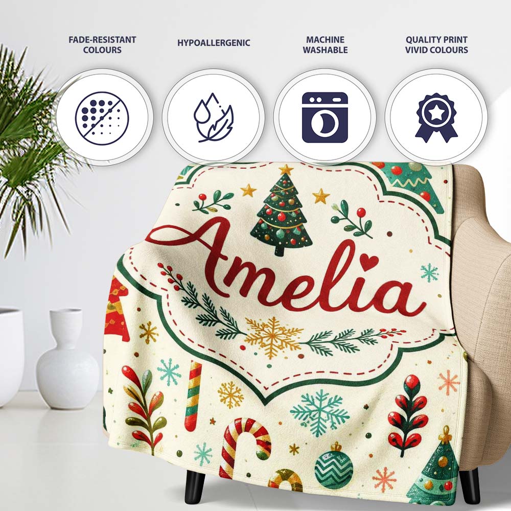 Christmas Trees Ornaments Candy Canes Festive Seamless Pattern Personalised Custom Name Super Soft Fleece Blanket Bed Sofa Throw