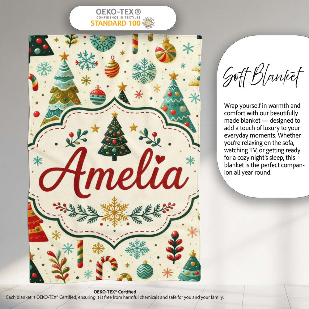 Christmas Trees Ornaments Candy Canes Festive Seamless Pattern Personalised Custom Name Super Soft Fleece Blanket Bed Sofa Throw