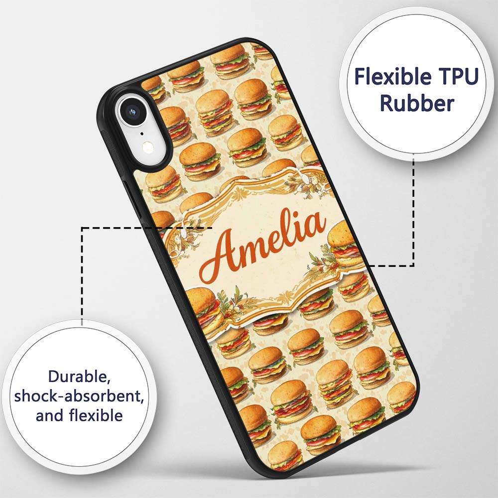 Vintage Burger Illustration Seamless Pattern Fast Custom Name Protective Phone Case Mobile Cover Durable Everyday Smartphone Shock Resistant