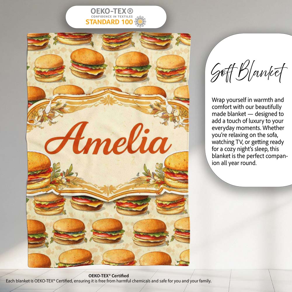 Vintage Burger Illustration Seamless Pattern Fast Food Snack Design Personalised Custom Name Super Soft Fleece Blanket Bed Sofa Throw