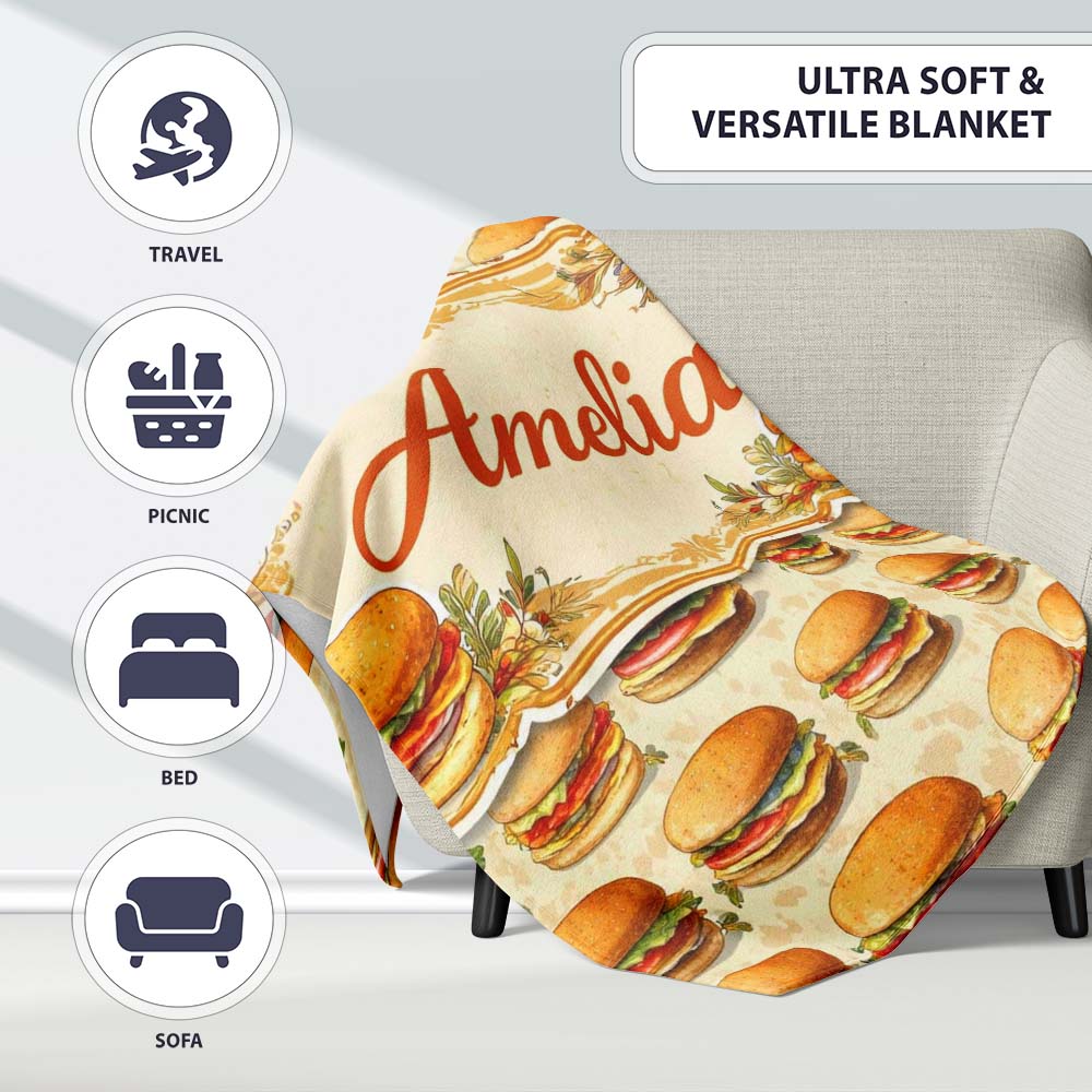 Vintage Burger Illustration Seamless Pattern Fast Food Snack Design Personalised Custom Name Super Soft Fleece Blanket Bed Sofa Throw