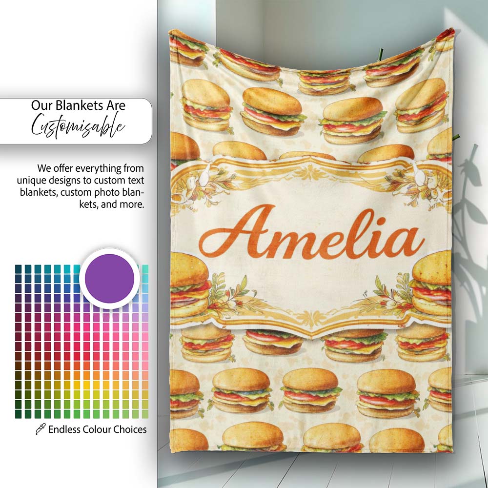 Vintage Burger Illustration Seamless Pattern Fast Food Snack Design Personalised Custom Name Super Soft Fleece Blanket Bed Sofa Throw