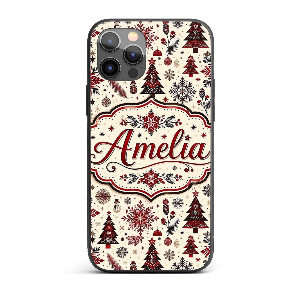 Vintage Red Black Snowflakes and Christmas Trees Custom Name Protective Phone Case Mobile Cover Durable Everyday Smartphone Shock Resistant