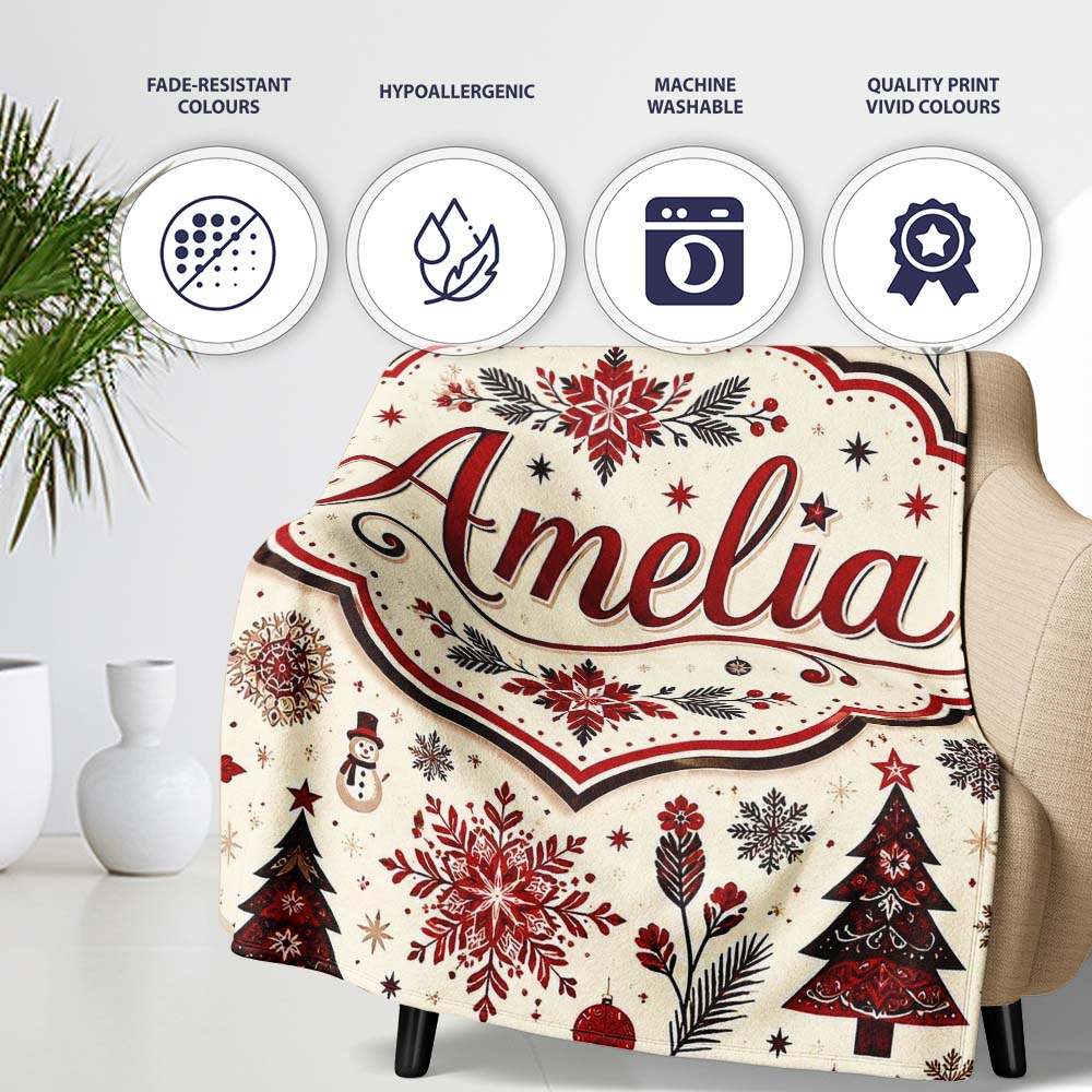 Vintage Red Black Snowflakes and Christmas Trees Seamless Pattern Personalised Custom Name Super Soft Fleece Blanket Bed Sofa Throw