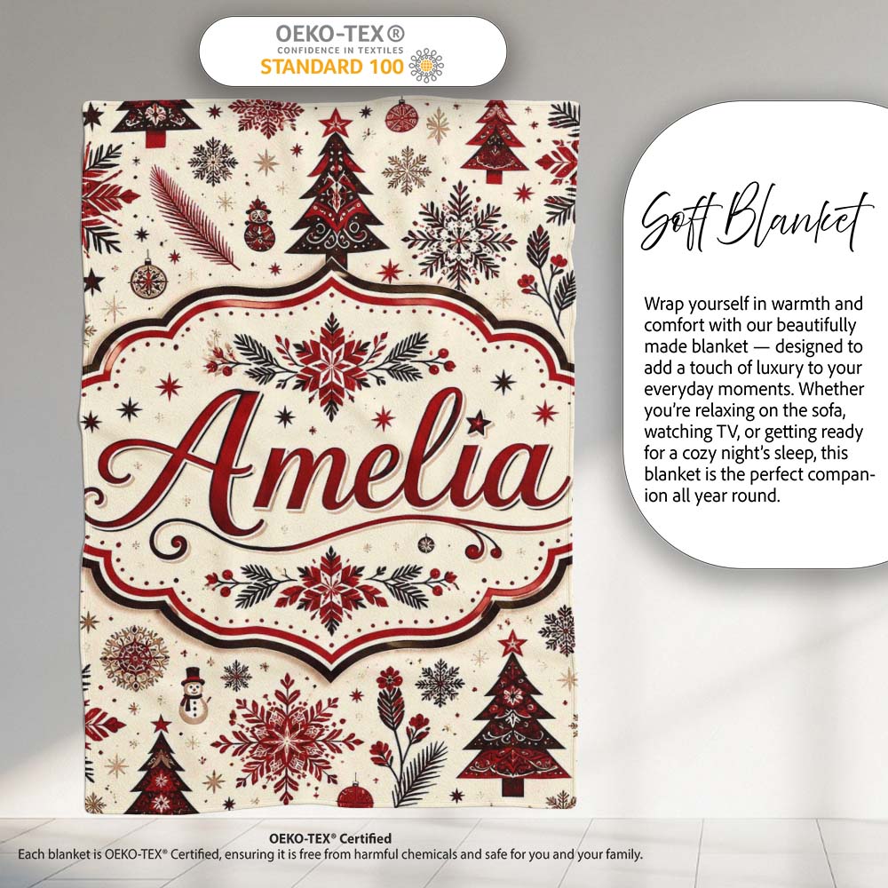 Vintage Red Black Snowflakes and Christmas Trees Seamless Pattern Personalised Custom Name Super Soft Fleece Blanket Bed Sofa Throw