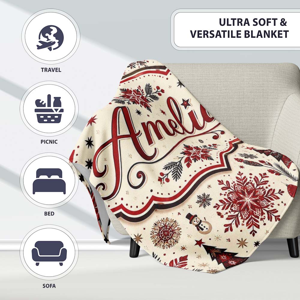 Vintage Red Black Snowflakes and Christmas Trees Seamless Pattern Personalised Custom Name Super Soft Fleece Blanket Bed Sofa Throw