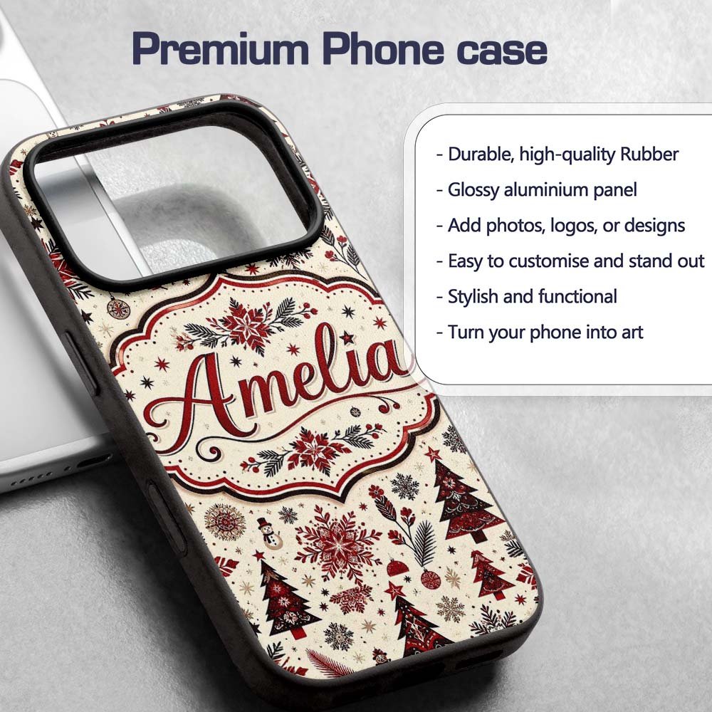 Vintage Red Black Snowflakes and Christmas Trees Custom Name Protective Phone Case Mobile Cover Durable Everyday Smartphone Shock Resistant