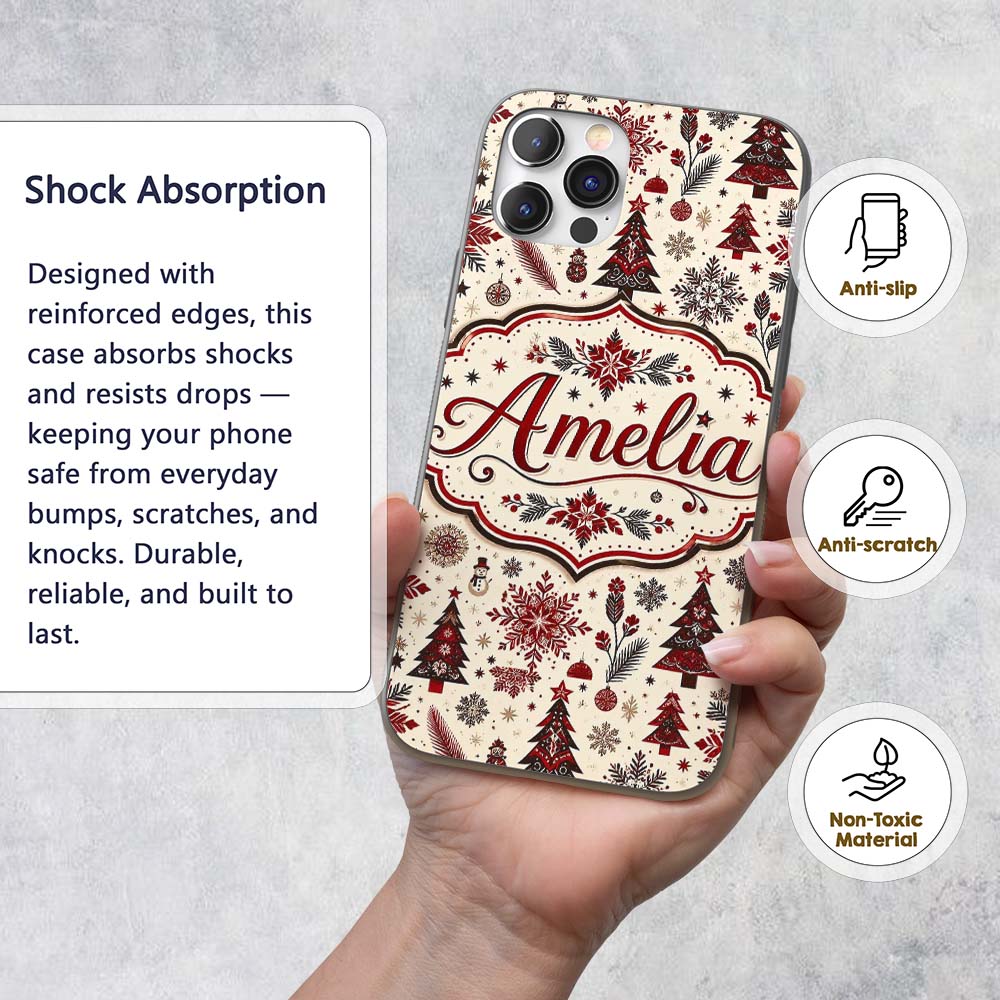 Vintage Red Black Snowflakes and Christmas Trees Custom Name Protective Phone Case Mobile Cover Durable Everyday Smartphone Shock Resistant