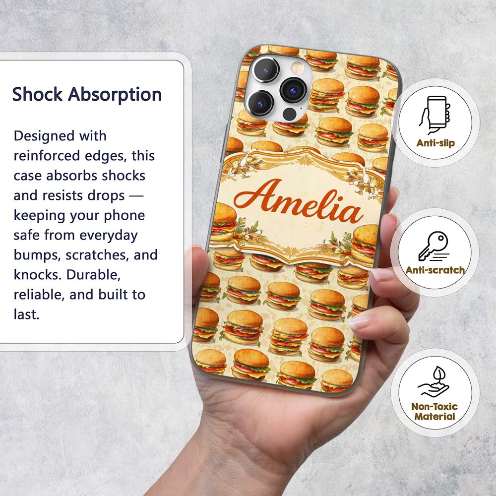 Vintage Burger Illustration Seamless Pattern Fast Custom Name Protective Phone Case Mobile Cover Durable Everyday Smartphone Shock Resistant