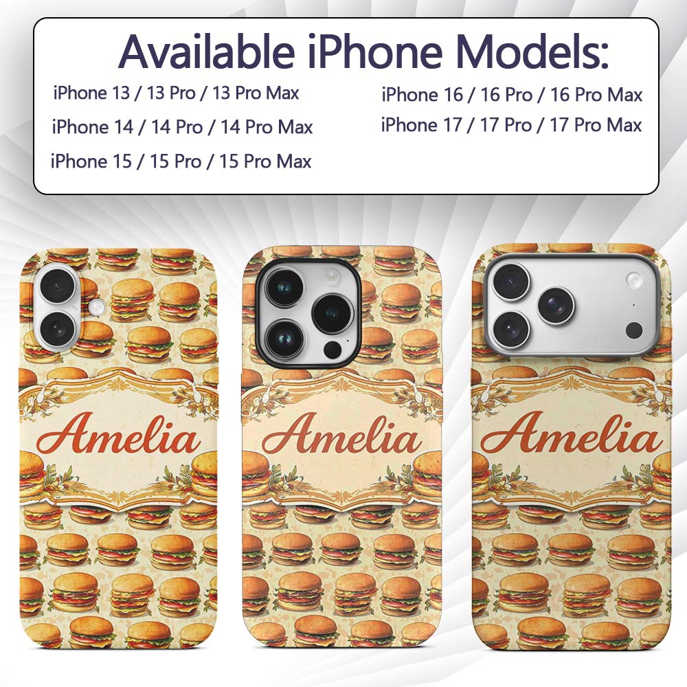 Vintage Burger Illustration Seamless Pattern Fast Custom Name Protective Phone Case Mobile Cover Durable Everyday Smartphone Shock Resistant