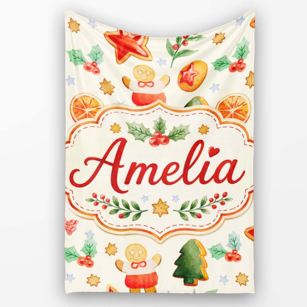 Festive Christmas Cookies Gingerbread Orange Slices Seamless Pattern Personalised Custom Name Super Soft Fleece Blanket Bed Sofa Throw