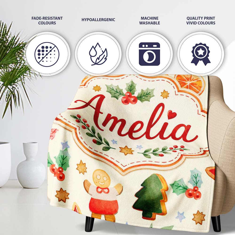 Festive Christmas Cookies Gingerbread Orange Slices Seamless Pattern Personalised Custom Name Super Soft Fleece Blanket Bed Sofa Throw