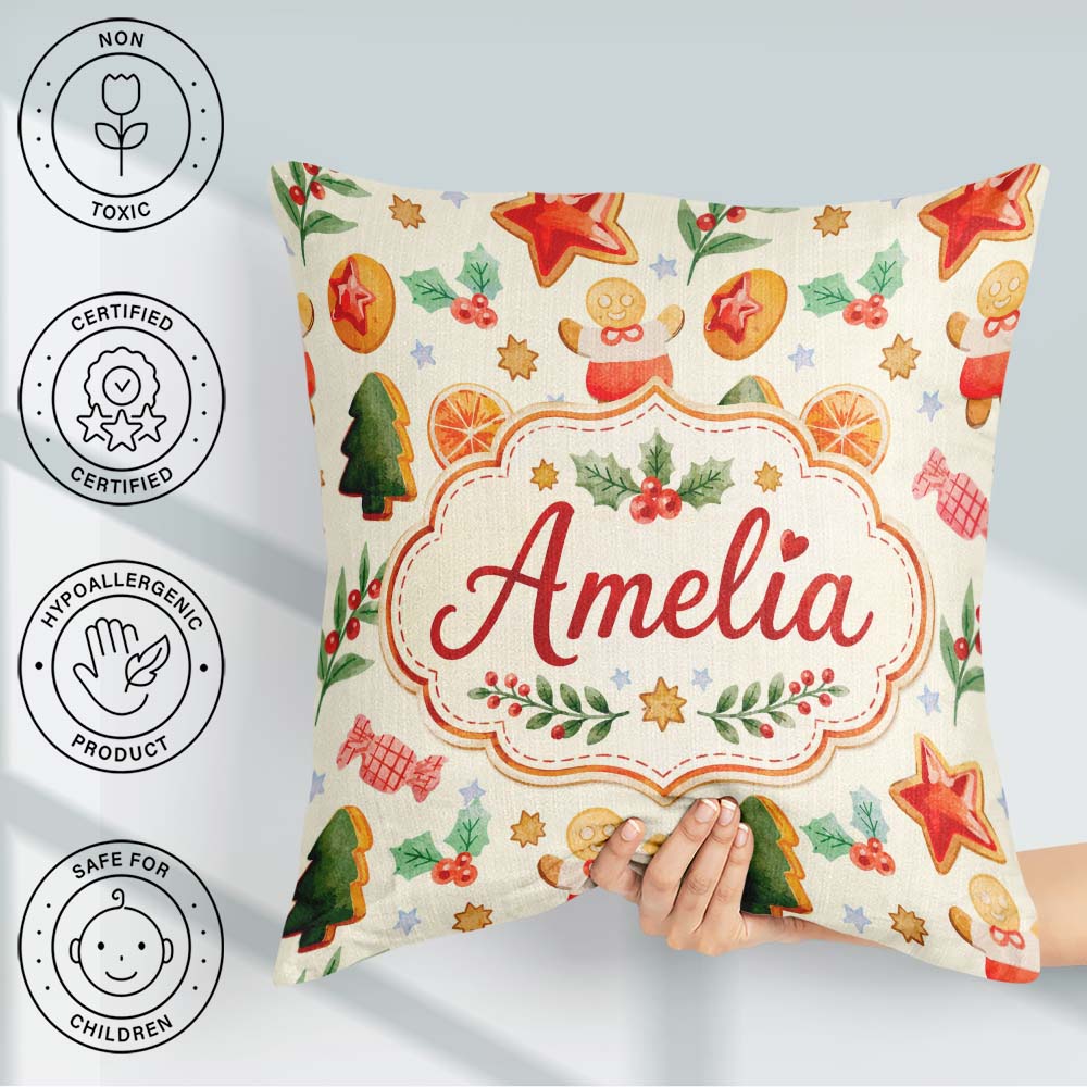 Custom Name Festive Christmas Gingerbread Orange Slices Seamless Square Filled Cushion Throw Pillow Sofa Bed Home Decor Zip Washable UK Made