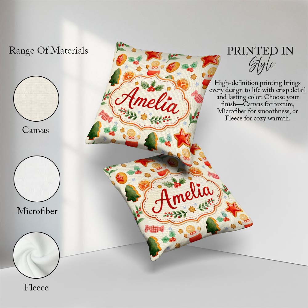 Custom Name Festive Christmas Gingerbread Orange Slices Seamless Square Filled Cushion Throw Pillow Sofa Bed Home Decor Zip Washable UK Made