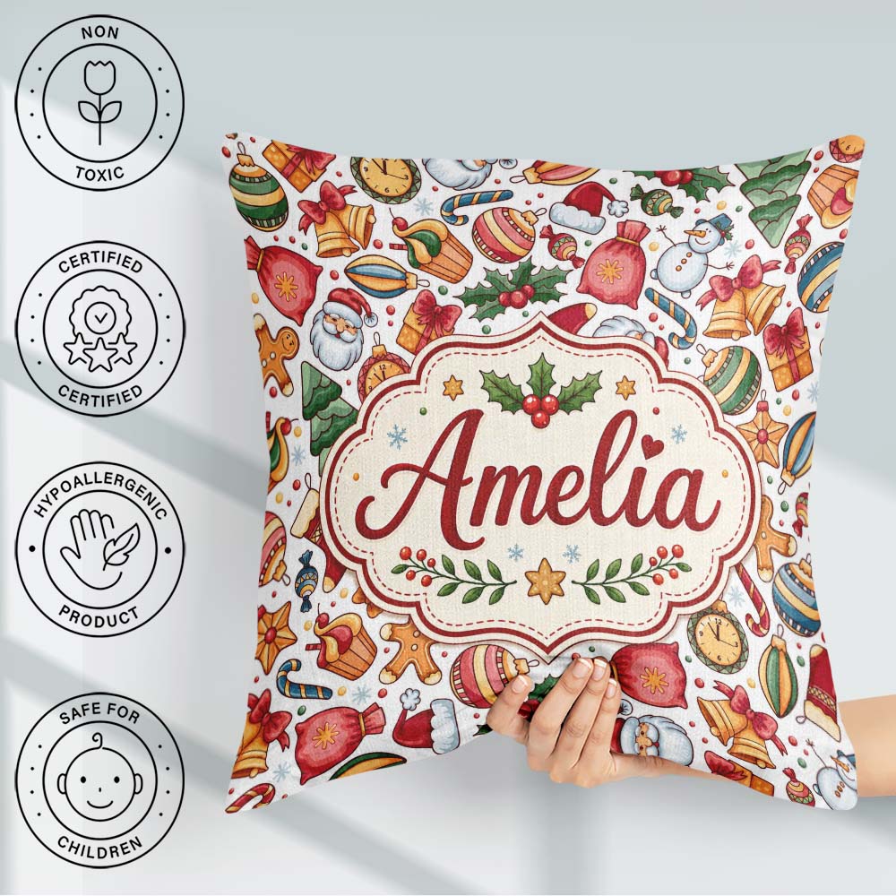 Custom Name Christmas Santa Gifts Snowman Candy Seamless Pattern Square Filled Cushion Throw Pillow Sofa Bed Home Decor Zip Washable UK Made