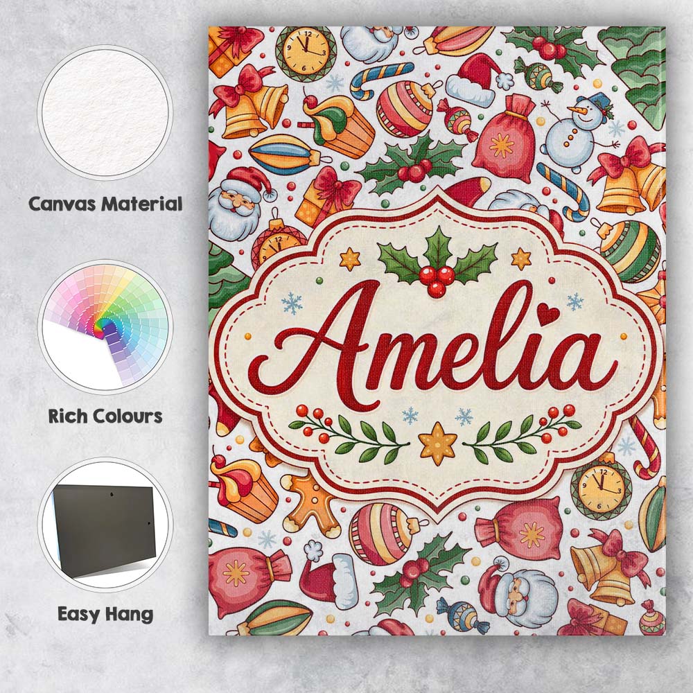 Personalised Name Cute Christmas Santa Custom Modern Room Accent Elegant Feature Canvas Wall Art Print Decor Picture Ready to Hang