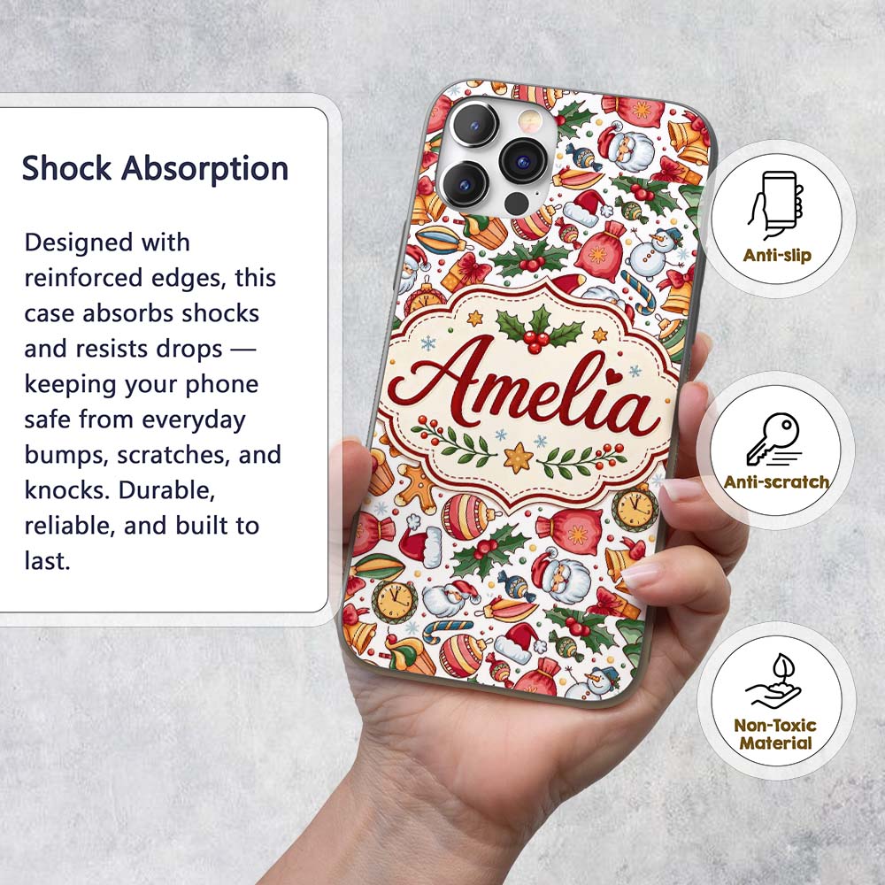 Cute Christmas Santa Gifts Snowman Candy Seamless Custom Name Protective Phone Case Mobile Cover Durable Everyday Smartphone Shock Resistant