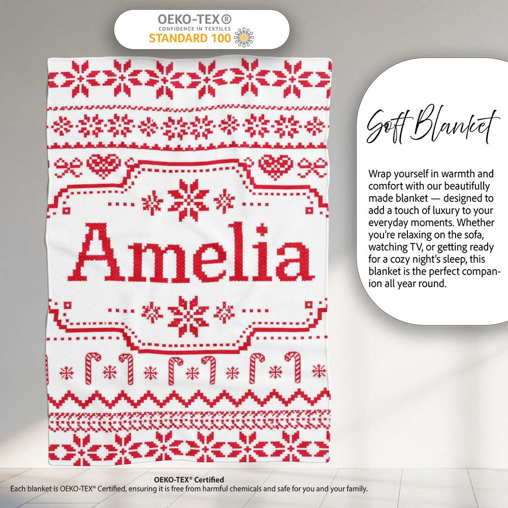 Scandinavian Red Nordic Knit Snowflake Seamless Pattern Personalised Custom Name Super Soft Fleece Blanket Bed Sofa Throw