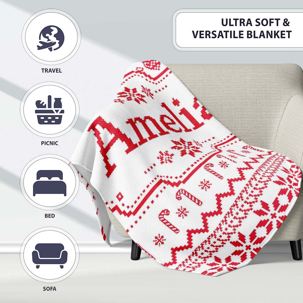 Scandinavian Red Nordic Knit Snowflake Seamless Pattern Personalised Custom Name Super Soft Fleece Blanket Bed Sofa Throw