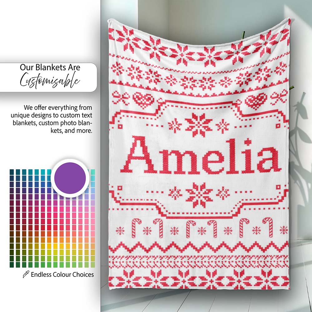 Scandinavian Red Nordic Knit Snowflake Seamless Pattern Personalised Custom Name Super Soft Fleece Blanket Bed Sofa Throw