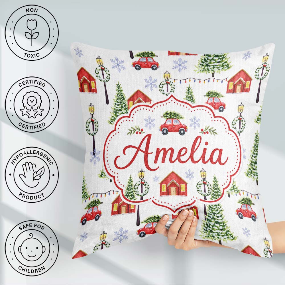 Custom Name Watercolor Winter Village Houses Trees Cars Seamless Square Filled Cushion Throw Pillow Sofa Bed Home Decor Zip Washable UK Made