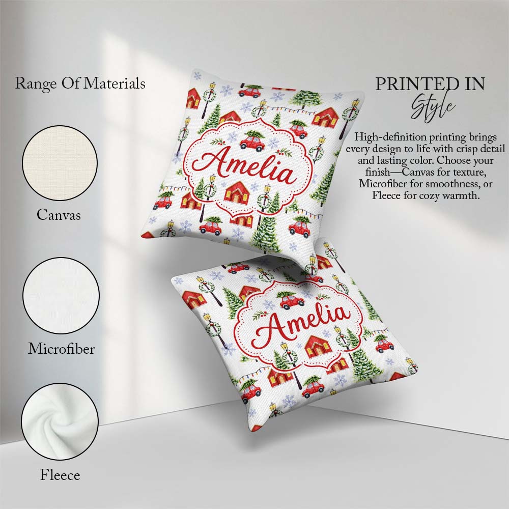Custom Name Watercolor Winter Village Houses Trees Cars Seamless Square Filled Cushion Throw Pillow Sofa Bed Home Decor Zip Washable UK Made