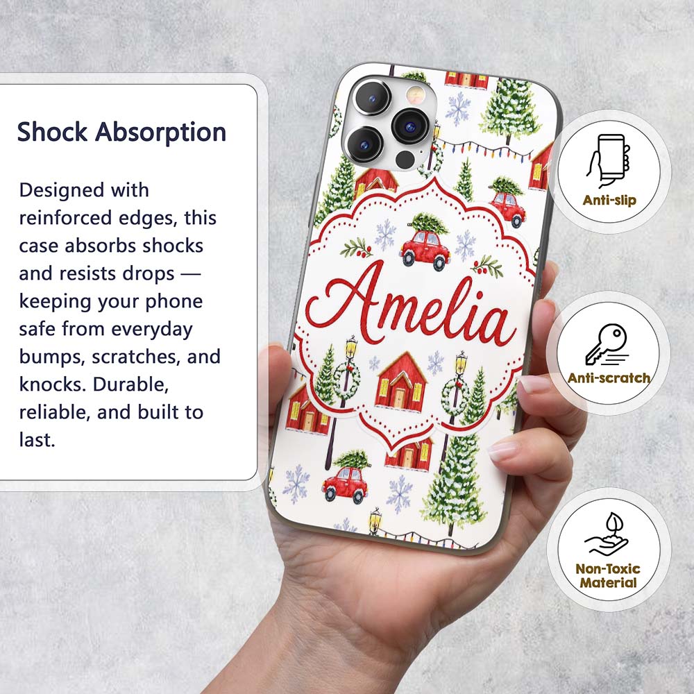 Watercolor Winter Village Houses Trees Cars Snow Custom Name Protective Phone Case Mobile Cover Durable Everyday Smartphone Shock Resistant