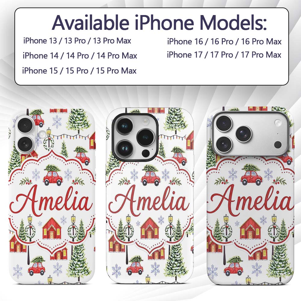 Watercolor Winter Village Houses Trees Cars Snow Custom Name Protective Phone Case Mobile Cover Durable Everyday Smartphone Shock Resistant