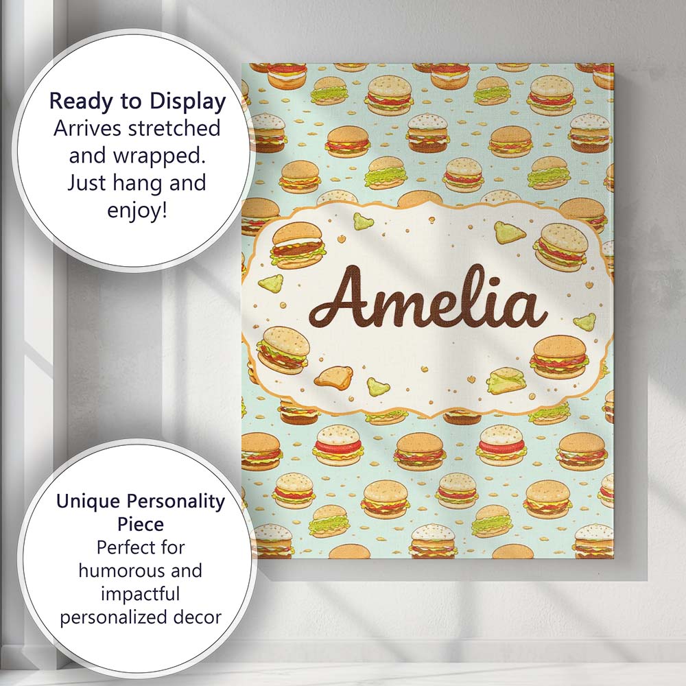Personalised Name Cute Burger Seamless Pattern Mint Background Fast Custom Canvas Wall Art Print Decor Picture Ready to Hang