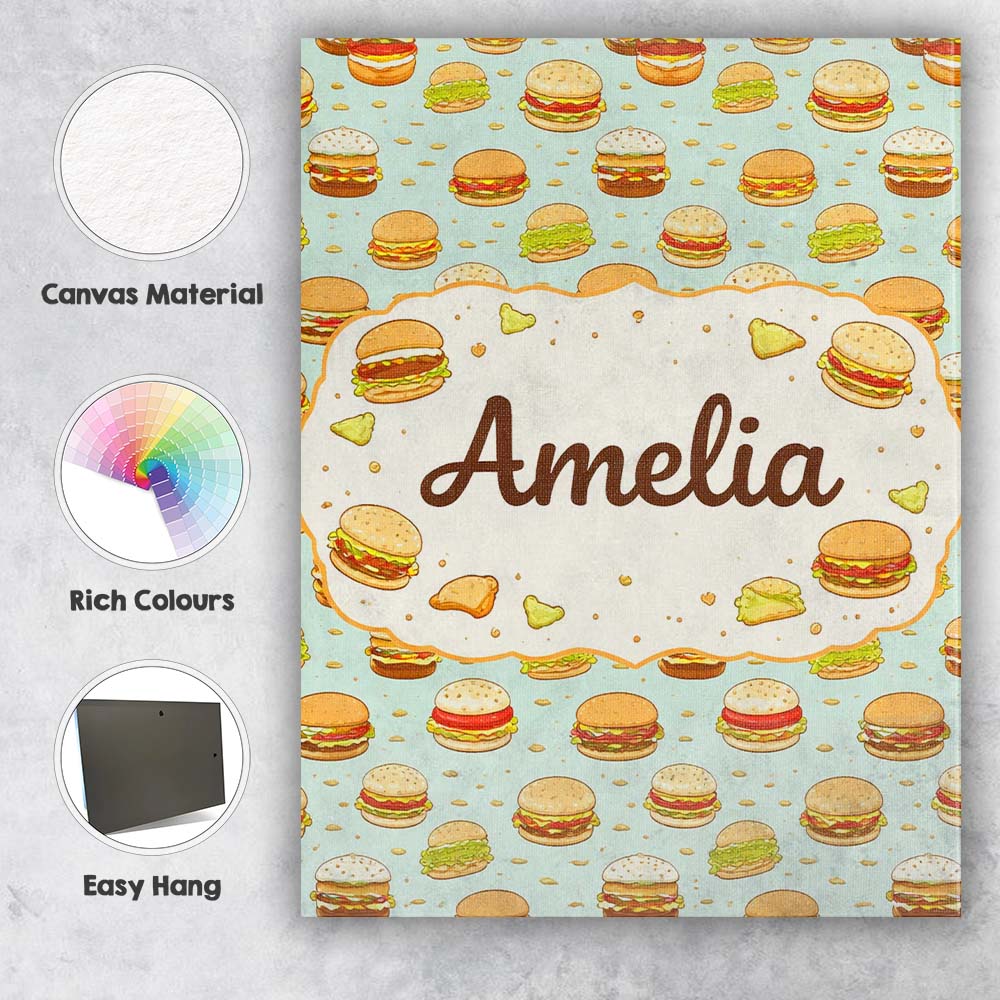Personalised Name Cute Burger Seamless Pattern Mint Background Fast Custom Canvas Wall Art Print Decor Picture Ready to Hang