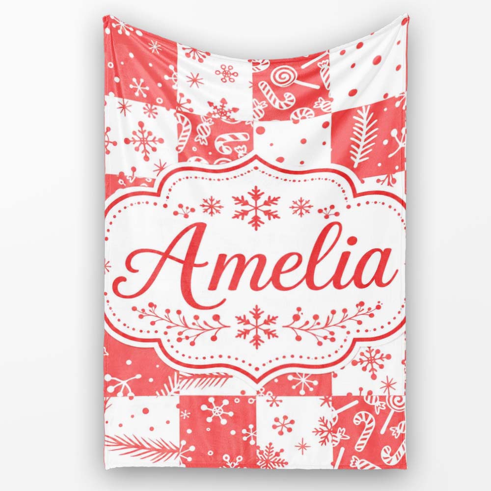 Red White Patchwork Christmas Candy Snowflake Seamless Pattern Personalised Custom Name Super Soft Fleece Blanket Bed Sofa Throw