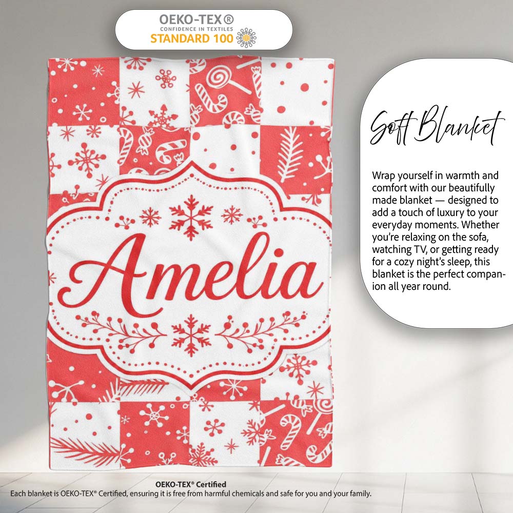 Red White Patchwork Christmas Candy Snowflake Seamless Pattern Personalised Custom Name Super Soft Fleece Blanket Bed Sofa Throw