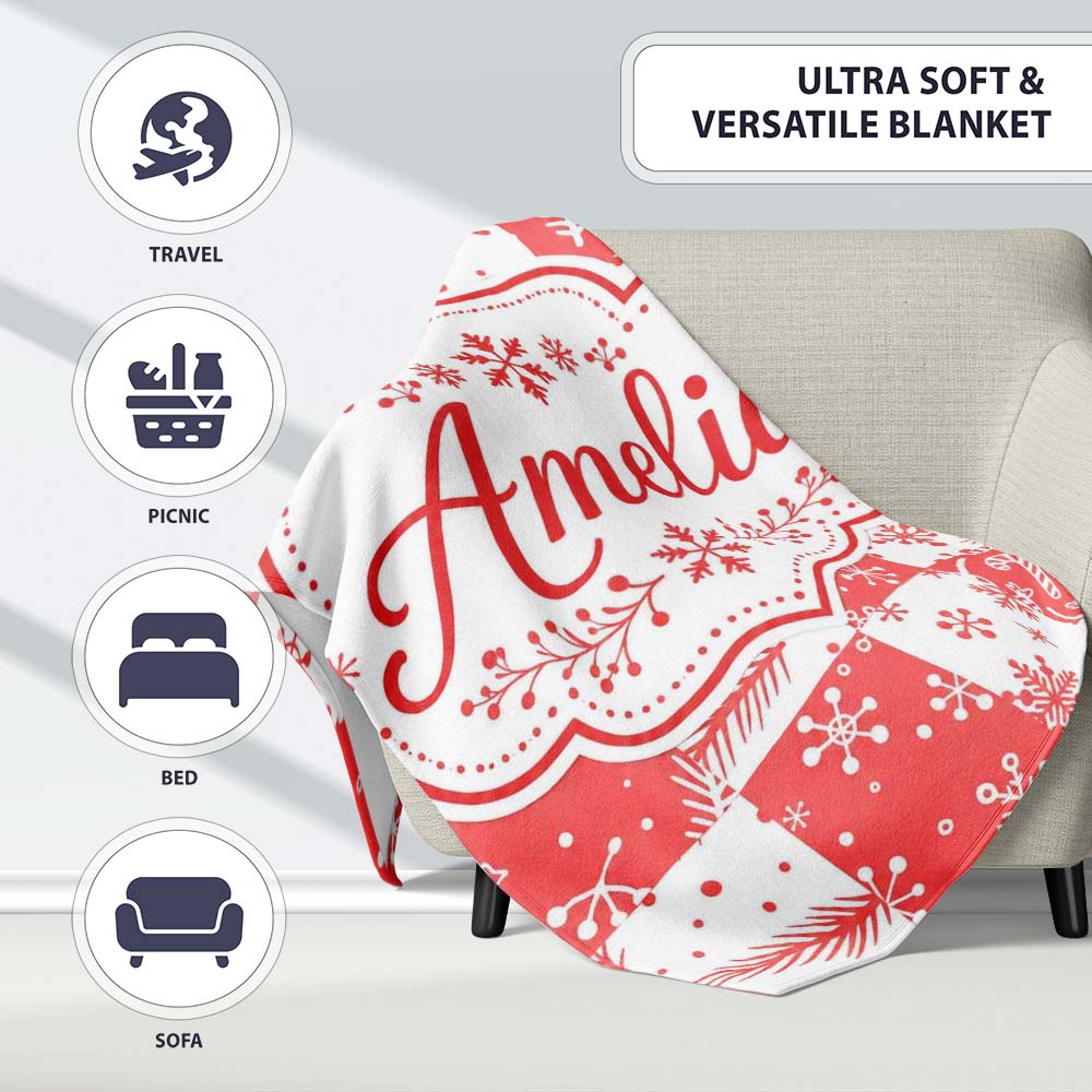 Red White Patchwork Christmas Candy Snowflake Seamless Pattern Personalised Custom Name Super Soft Fleece Blanket Bed Sofa Throw
